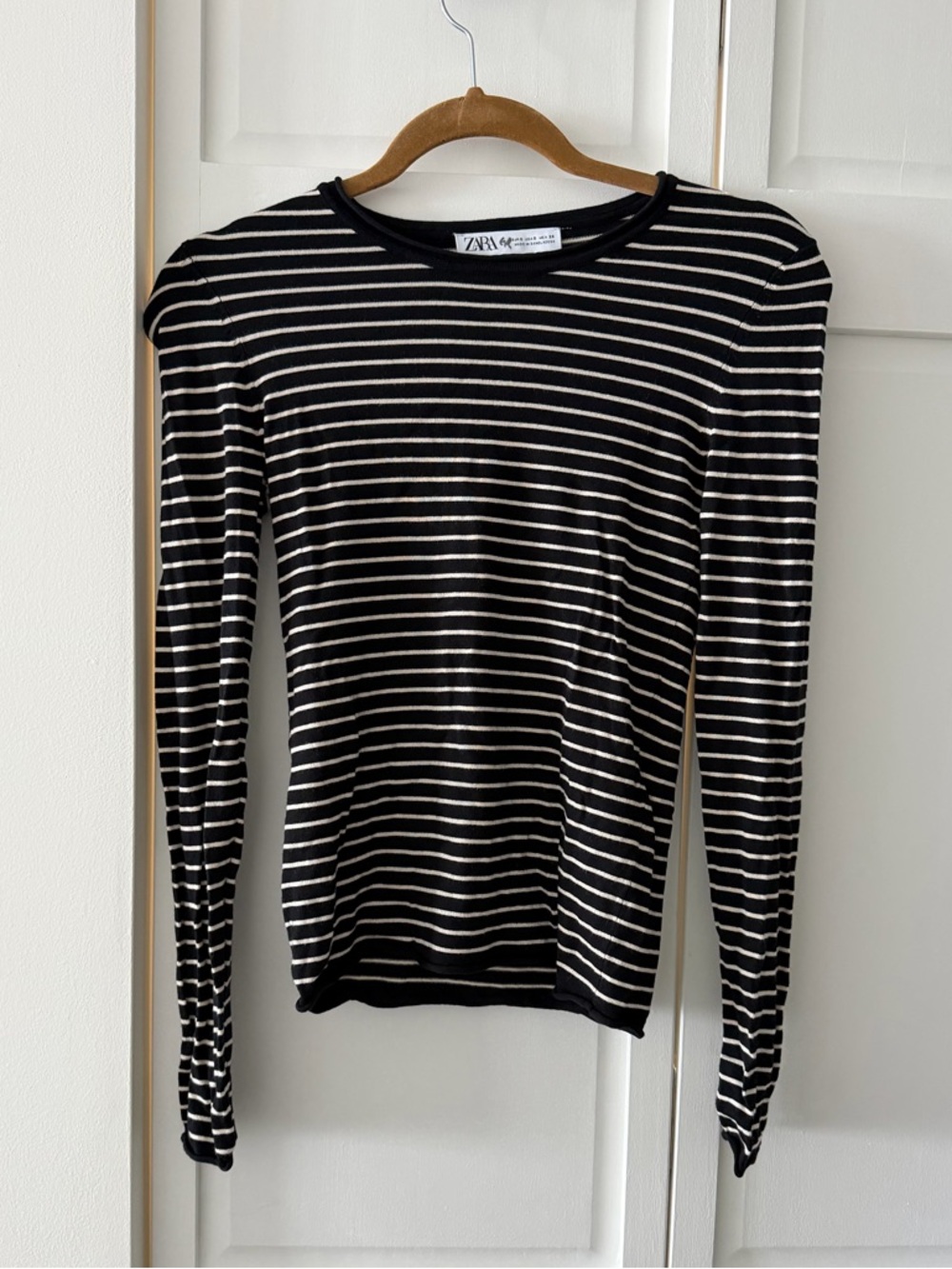 ZARA Black White Striped Long Sleeve Top Fitted Fine Knit Tee Size S
